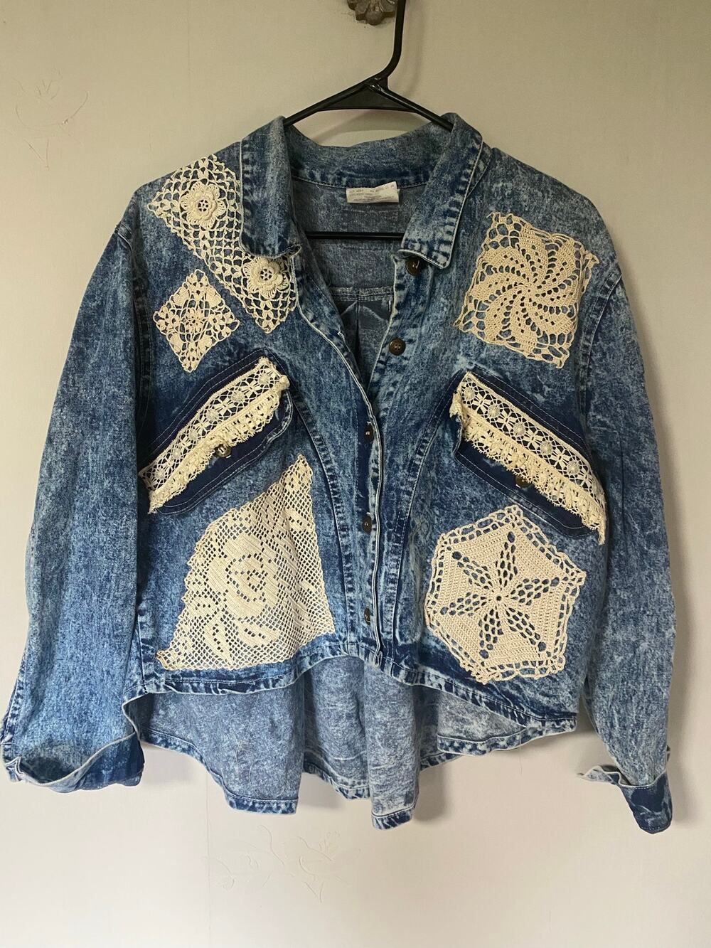 VTG Cherokee Acid Wash Denim Jacket Upcycled with Lace & Doilies Made in USA LG